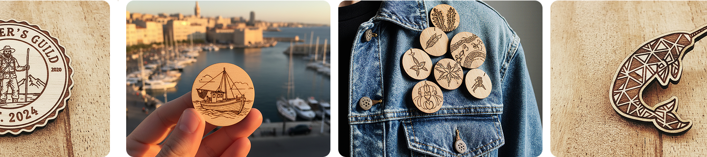 colleciton de magnet et pins en bois gravé au laser